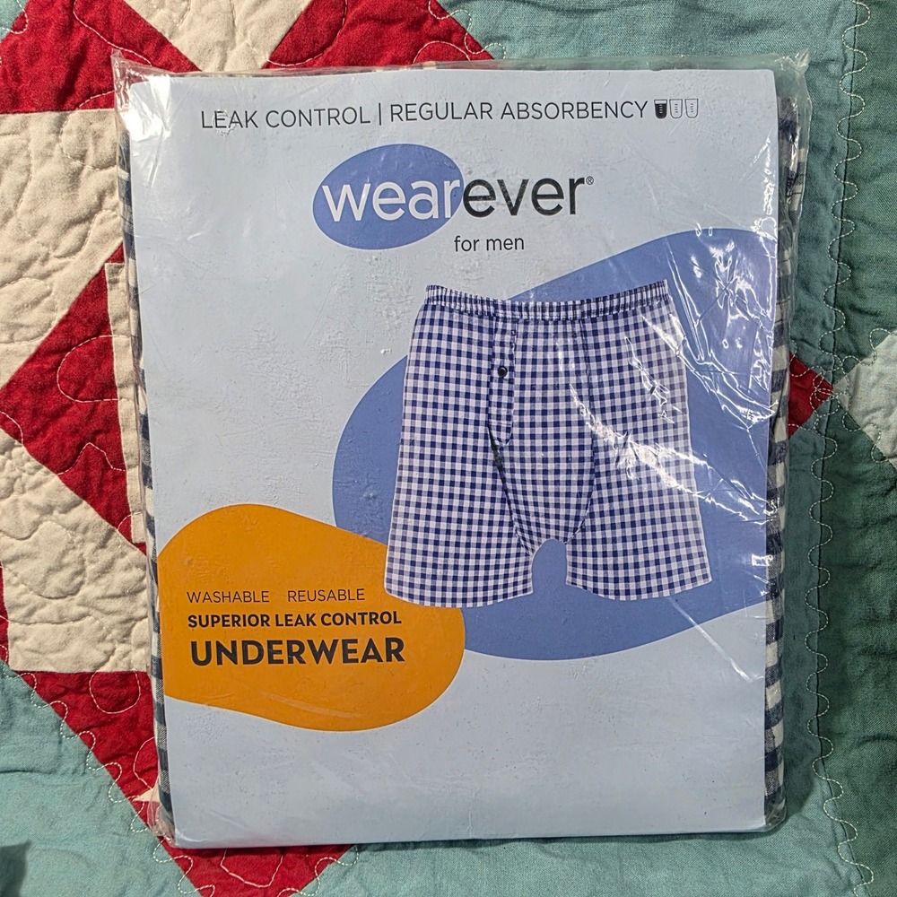 Wearever Leak Control Underwear Men 1X Navy Check Incontinence Reusable Boxers
